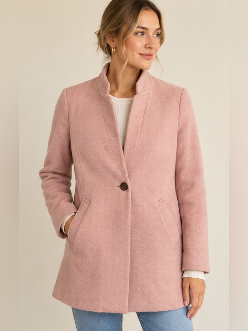 Banana Republic Blush Pink Car Coat | Petite M | Stand Collar Topcoat | Lined